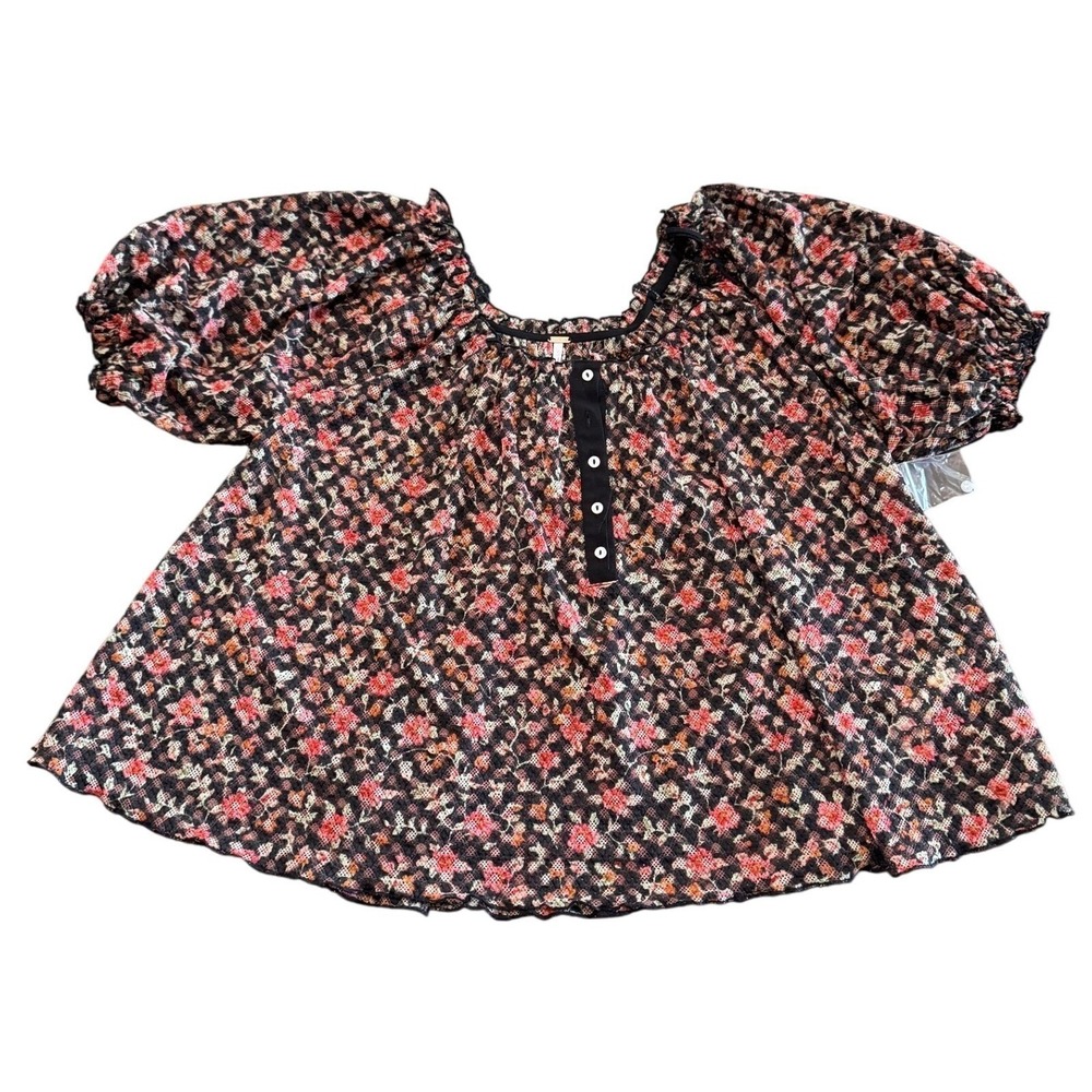 Free People Astra Peasant Top S Black Floral Boho Cottagecore NWTBoho Blouse